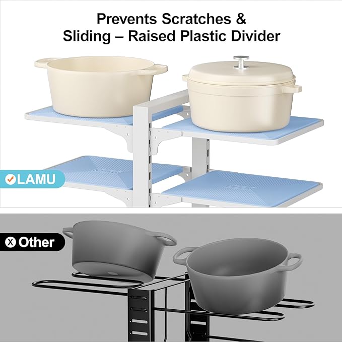 LAMU Pots and Pans Organizer under Cabinet, 8 Tier Heavy Duty Pan Organizers inside Cabinet, Adjustable Pot Rack for Small Kitchen Storage, 15" Height Holds Cast Iron Pans and Skillets White