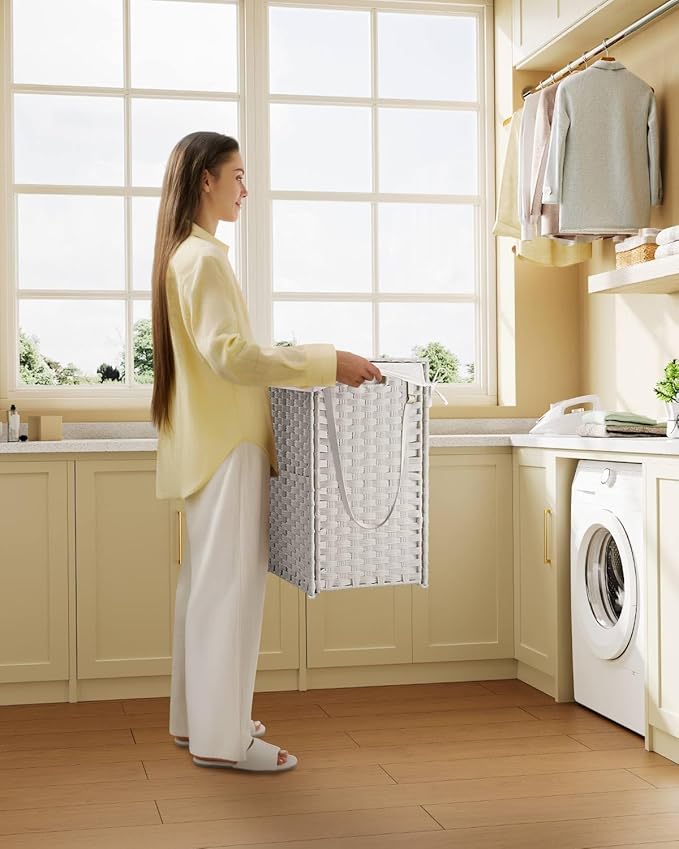 Greenstell Laundry Hamper with Wheels, No Install Needed, 90L Divided Handwoven Hampers & 2 Removable Liner Bags, Rattan Clothes Laundry Basket with Lid & Handles, Foldable Hampers White