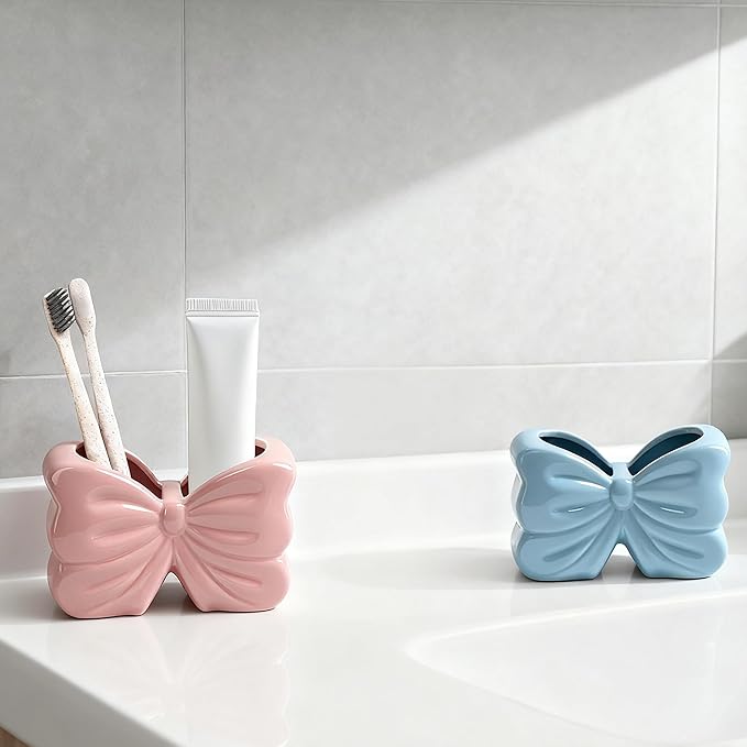 Bow Toothbrush Holder， 2-Slot Toothbrush and Toothpaste Holder Cute Toothbrush Holder Set, Bathroom Counter Organizer for Bathrooms, Floss, Razors - Blue