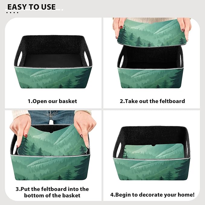 Mountain Forest Trees Green 02 Closet Storage Bins 2 Pcs Felt Open Home Storage Containers Organizer with Handles Collapsible Shelf Basket for Home Office Craft Room Classroom Fabric
