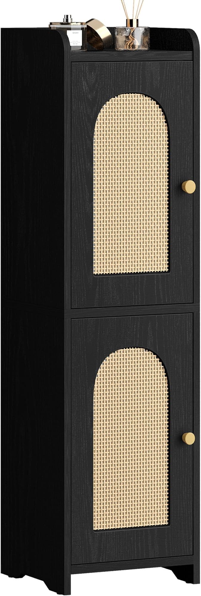 Bathroom Storage Cabinet, Small Corner Floor Cabinet with 2 Doors and Adjustable Shelf, Narrow Toilet Paper Cabinets, Bathroom Organizer for Small Spaces, 7.9"D x 7.9"W x 29.5"H Rattan Black