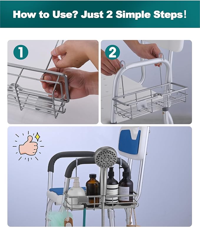Rustproof Hanging Shower Caddy for Shower Chair, Stainless Steel Bathroom Basket for Bath Chair Bench,Showers Caddy Chair, Shampoo Bottle Holder for Elderly, Pregnant, Handicap, Patient