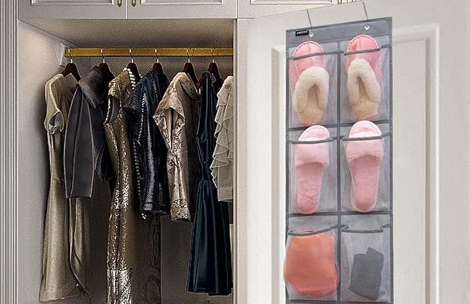 ANZORG 2 Pack Minimalist Black Over The Door Hanging Closet Shoe Holder Organizer with 6 Pockets (Mesh Pockets)