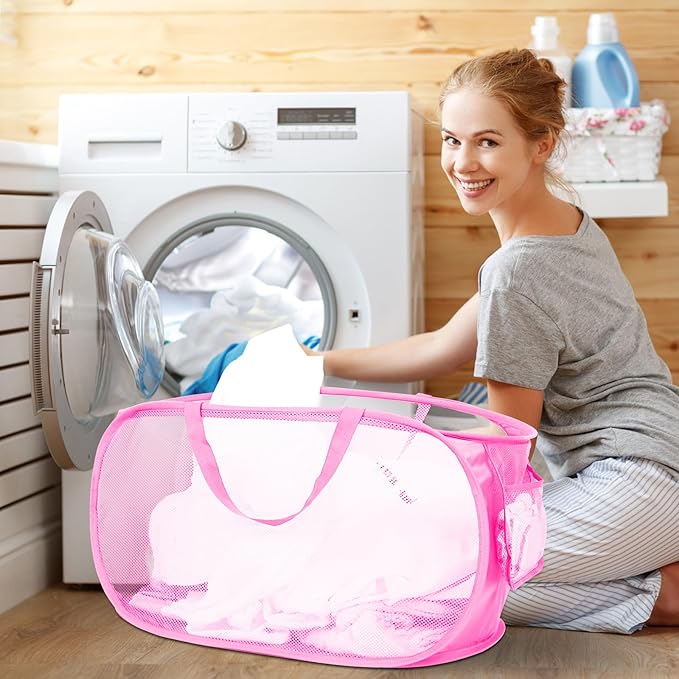 2 Pcs Durable Collapsible Laundry Baskets - Reinforced Mesh Pop Up Laundry Hamper with Pocket, Foldable Dirty Clothes Hamper with Carry Handles for Laundry, Bathroom, Kids Room, Dorm or Travel Pink