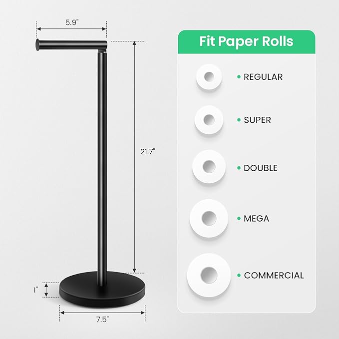 Cesun Toilet Paper Holder Stand Free Standing, Black Toilet Paper Storage with Heavy Weighted Base, Bathroom Stainless Steel Toilet Paper Roll Holder, Non-Slip, Matte Black