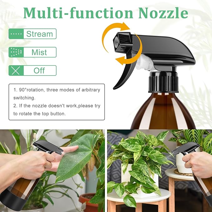 Amber Glass Spray Bottles 3 Pack, 17 oz/500 ml Glass Spray Bottles for Cleaning, Plants, Essential Oils, Hair Care, Refillable Empty Spray Bottle with Adjustable Nozzle for Squirt and Mist