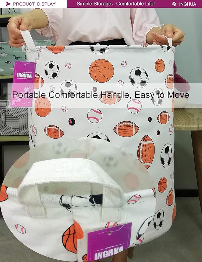 Laundry Hamper Large Canvas Fabric Lightweight Storage Basket/Toy Organizer/Dirty Clothes Collapsible Waterproof for College Dorms, Boys and Girls Bedroom,Bathroom(Ball game)