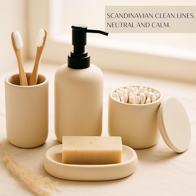 Ceramic Bathroom Accessories Set 4 Pcs – Modern Scandinavian Neutral Bathroom Soap Dispenser Set with Toothbrush Holder, Soap Dish & Cup – Minimalist Bathroom Accessory Set Decor - Cream/Light Beige