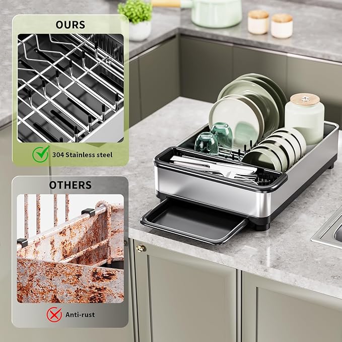 Dish Drying Rack, 304 Stainless Steel Dish Racks for Kitchen Counter, Dish Drainers with Automatic Drainage, Utensil Holder & Cups Holder, Space Saving Kitchen Organizer (1-Tier Silver)