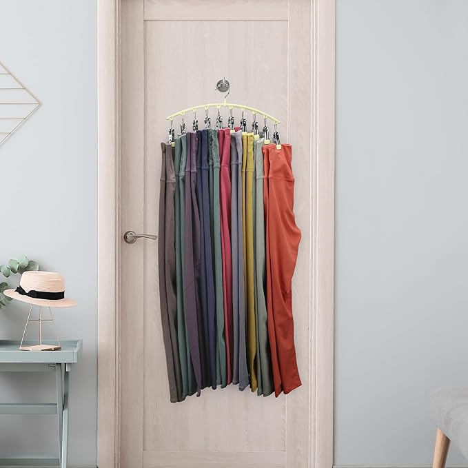 Legging Organizer for Closet, Metal Yoga Pants Hangers 2 Pack w/10 Clips Holds 20 Leggings, Space Saving Hanging Closet Organizer w/Rubber Coated Closet Organizers and Storage, Ivory