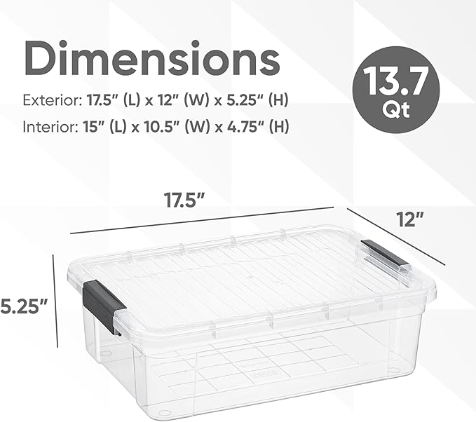 Superio Clear Storage Boxes with Lids, 13.7 Qt Plastic Container Bins for Organizing, Stackable Crates, BPA Free, Non Toxic, Odor Free, Organizers for Home, Office and Dorm, 5 Pack