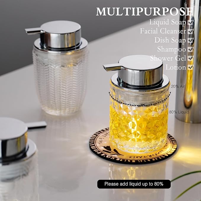Hand Soap Dispenser Glass, Refillable Liquid Dispenser for Bathroom & Kitchen,Lotion Dispenser with Large Silver Pump（Diamond Pattern-Clear）
