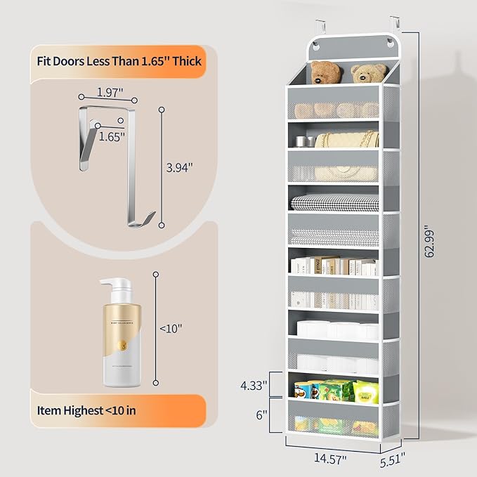 Yecaye 6 Tier Over The Door Organizer Storage, Heavy Duty Door Organizers Hanging with 12 Side Mesh Pockets, 52.8lbs Load Capacity Behind Door Storage for Bathroom Nursery Bedroom Dorm Closet, Grey