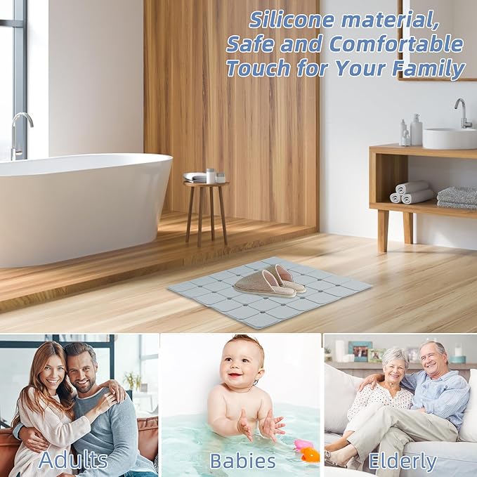 MEIMEIDE Shower Mat Non Slip 21"x21" Silicone Foldable Bath Mat with Suction Cups & Drain Holes, Odorless, Eco-Friendly & Durable, Machine Washable Shower Stall Mat for Adults, Seniors Grey
