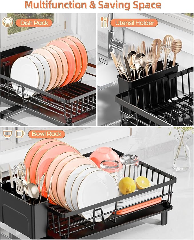 Dish Drying Rack for Kitchen Counter, Stainless Steel Drainer Anti Rust, Smart Drainage System Drainboard with Detachable Cutlery Holder, Handwash Dish Helper for Home, Apartment Space Saving