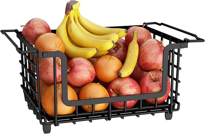 1 Pack Stackable Metal Wire Vegetable Fruit Basket for Kitchen Counter Cabinet, Pantry Organizers and Storage Basket, Food Can Snack Onion Potato Bread Storage Shelf Freezer Organizer Bins Black