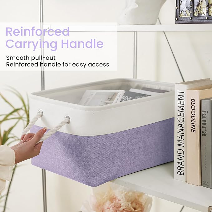 Large Storage Baskets- 15.7x11.8x8.26 inch Storage Bins for Shelves and Closet Organizing, Foldable Fabric Bin for Home Organization Clothes and Laundry (6-Pack, White&Purple)