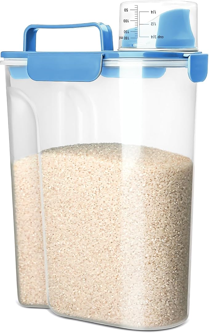 Rice Storage Container, 5 to 10lb Dry Food Airtight Dispenser, Pet Dog Cat Food Canister, BPA Free Clear Plastic Kitchen and Pantry Organization Bin for Oatmeal, Grain, Cereal, Pasta, Flour