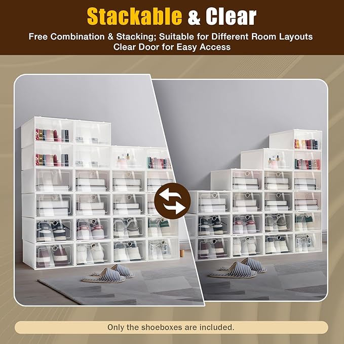24 Pack Shoe Storage Boxes, Clear Plastic Stackable Shoe Organizer, Foldable Shoe Rack, Angel White | Space-Saving Home & Office Organizatio