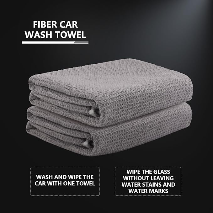 SPTA Microfiber Drying Towel, 2 PCs Car Wash Drying Towel, Waffle-Weave Highly Absorbent, Scratch Free,Big Cleaning Cloth Towel for Auto Detailing, 380GSM, 25.2 x 34.3 inch, Grey-MT033