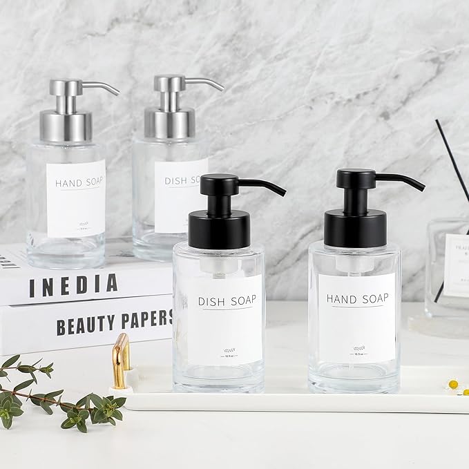 Foaming Soap Dispenser Set, 12 Oz Glass Hand Soap Dispenser with 304 Rust Proof Stainless Steel Pump, Waterproof Labels, for Bathroom Decor Kitchen College Dorm, Clear Silver Pump