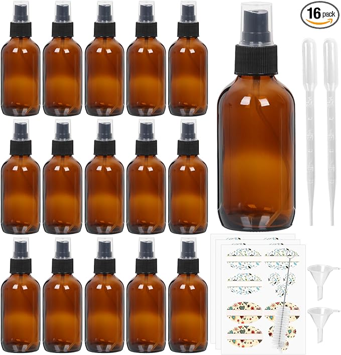 STARSIDE 16 Pack 4 oz Amber Glass Spray Bottles with Fine Mist Sprayer & Dust Cap for Essential Oils, Perfumes,Cleaning Products, 120 ml Fine Mist Glass Spray Bottle