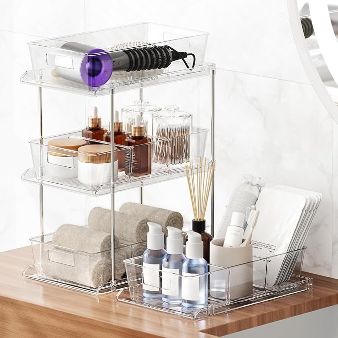 3-Pack Pull-Out Home Organizers, 2 Tier Clear Bathroom Organizer with Dividers, Multipurpose Vanity Counter Tray, Kitchen, Closet Organizers and Storage Container Bins for Cabinet, Pantry