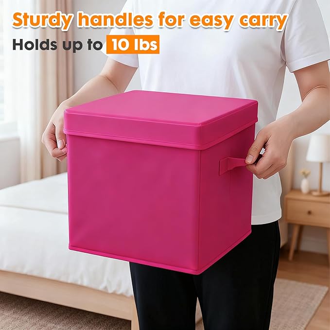 ShellKingdom Storage Bins, Foldable Fabric Storage Cubes with Lid, Clothes Storage Organizer Drawer For Closet Toys Storage, 10.5 X 10.5 X 11 INCH, 2 Pack (Fuchsia)