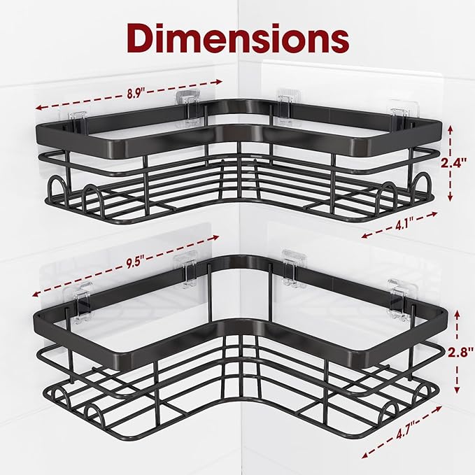 Corner Shower Caddy - 2 Pack, Adhesive Shower Organizers, Rustproof Stainless Steel Shower Shelves with 8 Hooks, No Drilling Bathroom Organizers and Storage Racks, Space-Saving, Black, X-Large