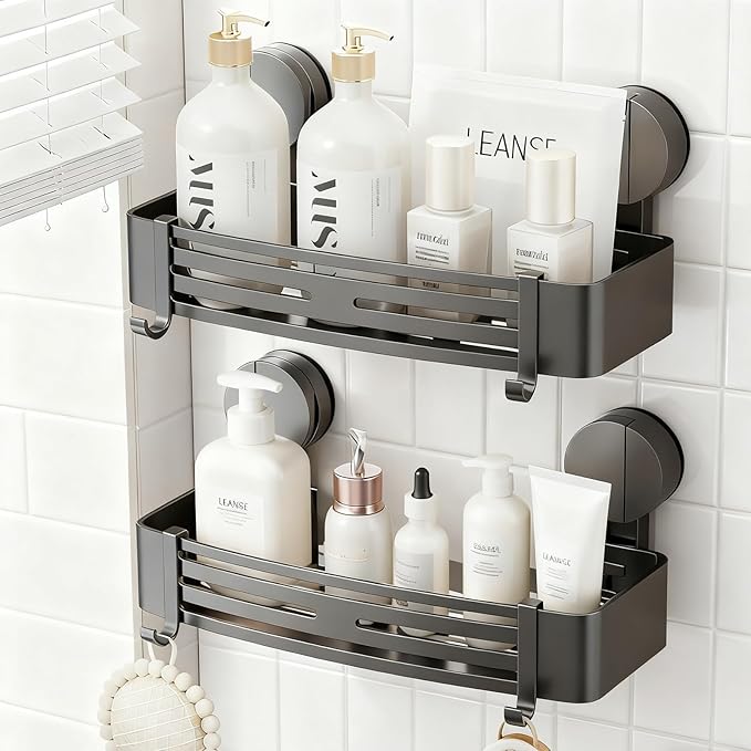 ONXE 2 Pcs Suction Cup Spice Rack,No-drill Extra-strong Suction Spice Shelf for Kitchen Wall,Pantry,Refrigerator,Home,Laundry,Room,Moveable Spice Seasoning Organization and Storage (Gunmetal Gray)