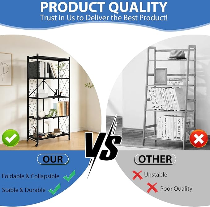 5-Tier Foldable Storage Shelf with Wheels, Heavy-Duty Metal Collapsible Shelving Unit, Rolling Storage Rack for Kitchen Pantry Garage Office, Pre-Assembled Organizer