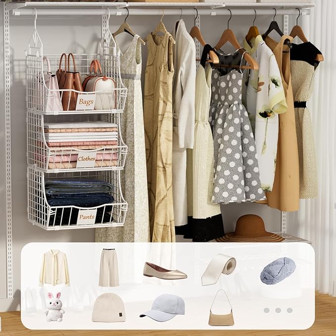 Hanging Closet Organizers and Storage, 3 Tier Closet Shelf Clothes Organizer with 2 S-Hooks, Multi-Functional Iron Wire Baskets, for Clothing, Sweaters, Handbags, Hat, Canned