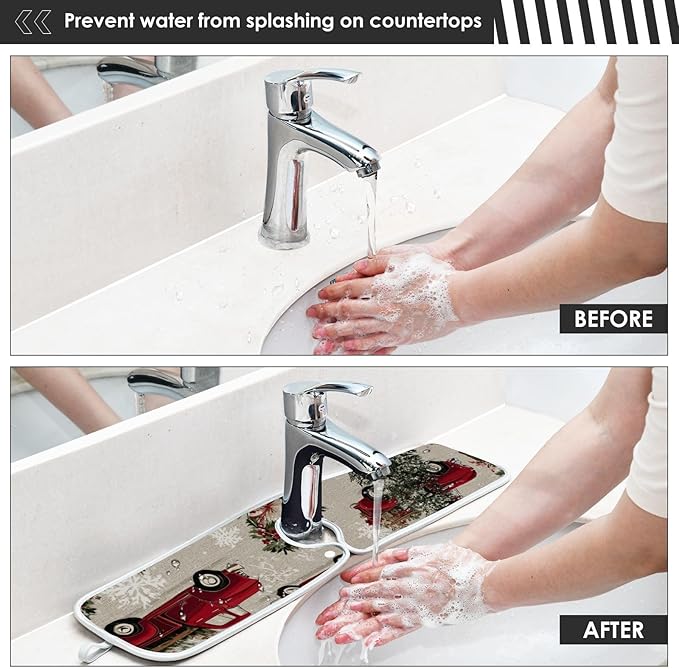 Sink Faucet Absorbing Mat Kitchen Sink Splash Guard Splash Faucet Drip Catcher for Bar RV Bathroom 2PCS 23.6x5.5in Watercolor Christmas Trees and Trucks Box
