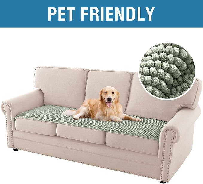 H.VERSAILTEX Plush Chenille Couch Cover for 3 Cushion Couch Anti Slip Washable Sofa Slipcovers Soft and Durable Furniture Protector for Dogs Cats Kids (27.5" x 71", Sea Foam)