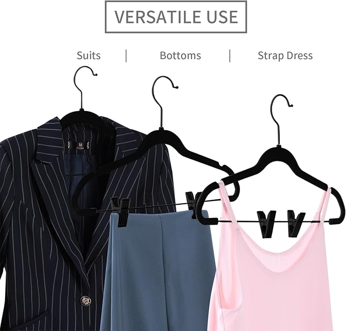 MIZGI Premium All Black Velvet Pants Hangers with Adjustable Clips (Pack of 30) Slim Skirt Hangers- Non Slip Felt Outfit Dress Hangers- Black Hooks,Space Saving Shirt Clothes Hangers