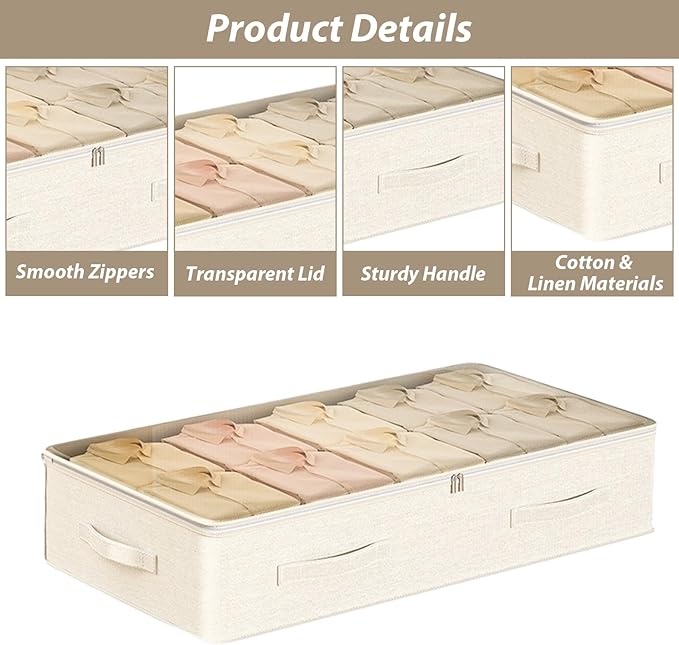 QTLCOHD 3 Pack Under Bed Storage Containers, 31.5 x 17.7 x 6 Inch Large Collapsible Beige Under Bed Drawer Storage Organizer with Handle and Lid for Clothes, Fabric, Blanket, Shoes, Sheet