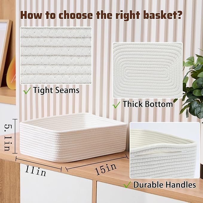 Large Shallow Organizing Baskets 15x11x5.1 Inches - Rope Woven Storage Bins for Bathroom, Shelves, Cube Closet, Off White 4 Packs