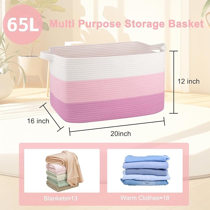OIAHOMY Large Storage Basket, Cotton Rope Woven Blanket Basket, Toy Bin for Baby Room, Container for Blanket Storage in Living Room, 20''×16''×12'', Gradient Pink