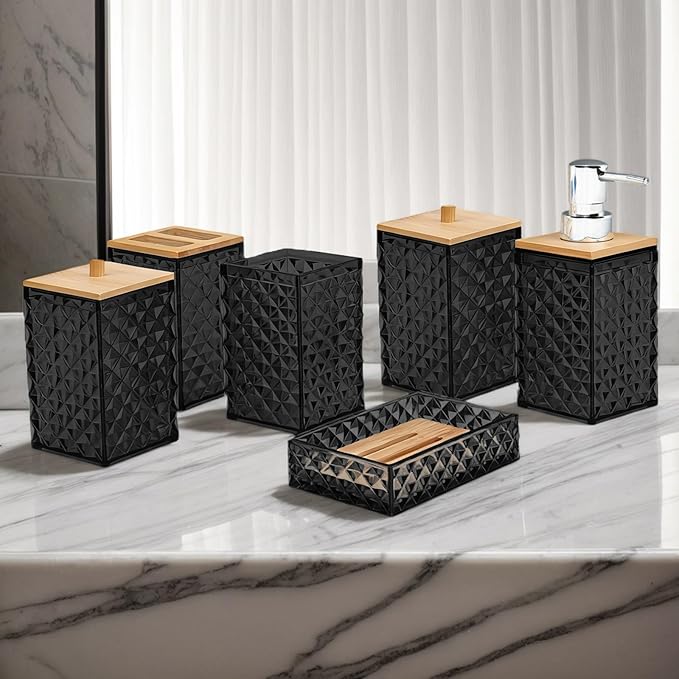 Bathroom Accessory Set,6 Pcs Black Bathroom Set Include Soap Dispenser, Qtip Holder Dispenser, Soap Dish,Toothbrush Holder & Mouthwash Cup.Boho Bathroom Set
