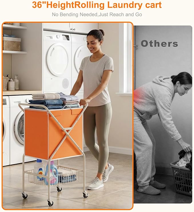 Convenient Laundry Basket with Wheels,36" High Easy Rolling Laundry Cart with Wheels,Heavy Duty Dirty Clothes Laundry Hamper with Handles Removable Bag for Seniors,Folding Metal Frame/Orange/98L