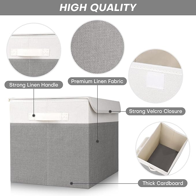 Large 17" 42 Quarts Collapsible Stackable Storage Bins with Lids [3-Pack] Foldable Fabric Linen Storage Boxes Cube, Closet Organizer Baskets with Label (16.7 x 12 x 12, Gray & White)