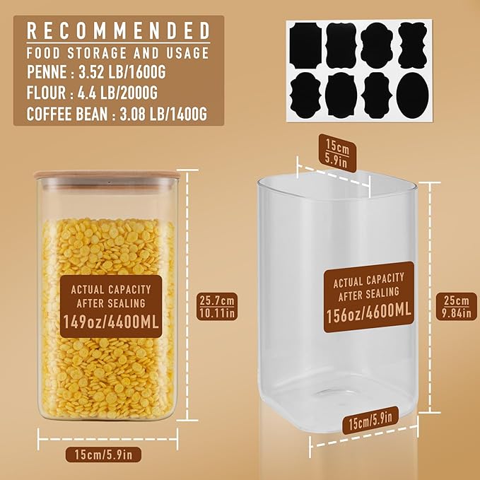 D2scrma 156oz Airtight Glass Square Storage Canister with Bamboo Lid Set of 2(4600ml*2) Large Gallon Glass Jars for Sugar, Flour, Cookies and Coffee beans (‎with Black Lable)