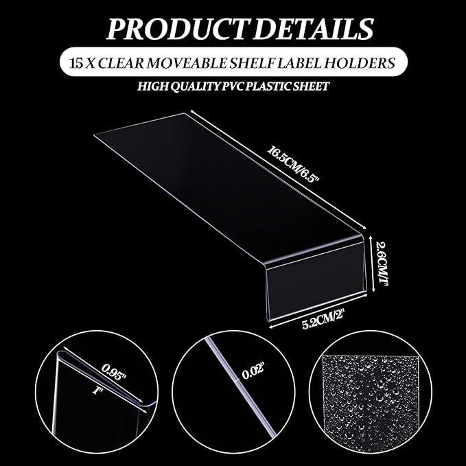 Containlol 15 Pieces Moveable Shelf Label Holders Clear Shelves Tags Moveable Library Markers Transparent Shelf Label Display Holder for Classroom Office Library Book Shelves(2 x 1 Inch)
