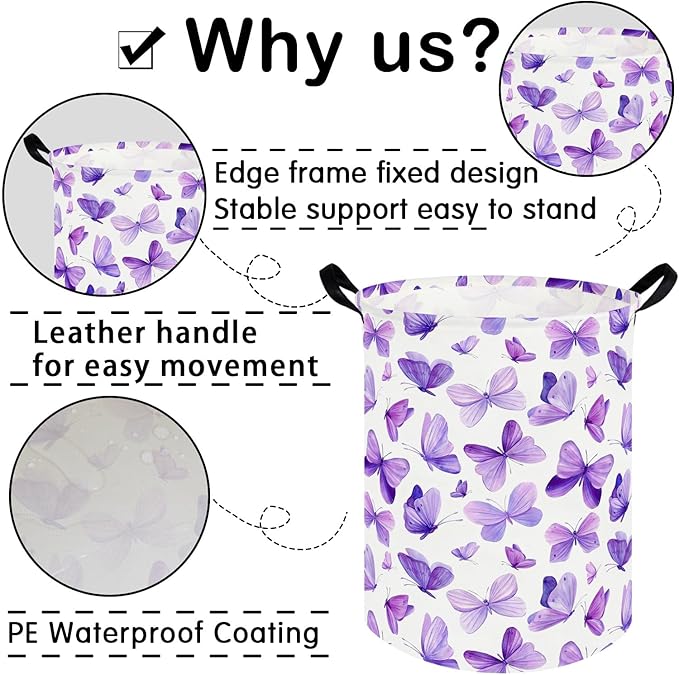 Butterfly hamper,Purple Laundry Basket,Baby Nursery Hamper,Waterproof foldable girls toy storage box,Dirty Clothes Hampers,Flower house decor(Purple Butterflies)