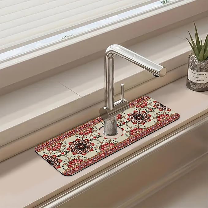 Sink Faucet Absorbing Mat Red Retro Boho Sink Splash Guard Drying Mat for Kitchen Bathroom Faucet Sinkmat 15.5"X5.5"