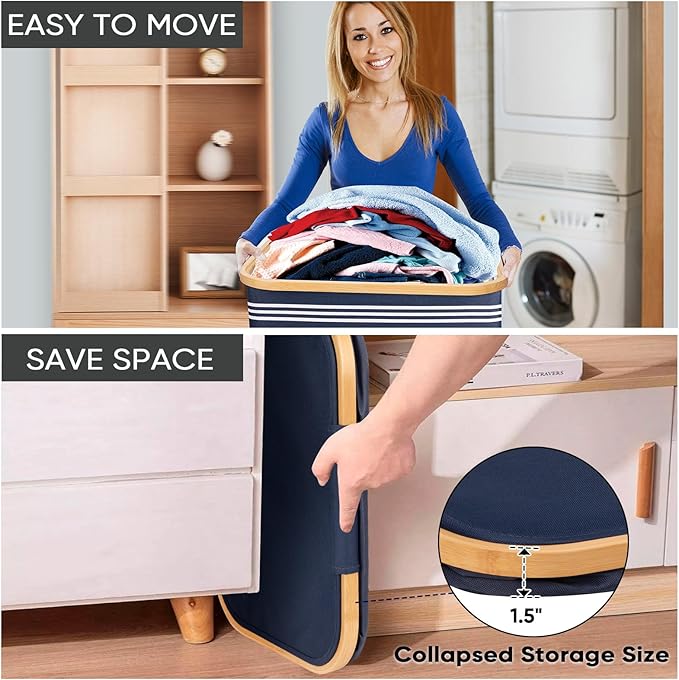 BALEINE Laundry Hamper with Lid, Tall Laundry Baskets with Bamboo Pull Handles, Large Laundry Bin with Internal Support (36 Gal/140L, Blue Pinstripe)