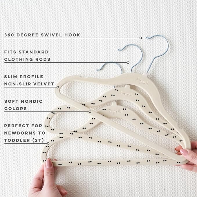 3 Sprouts Velvet Baby Hangers - Non-Slip Hanger for Infant, Toddler, Baby Clothes - Closet Kids Hangers with Slim Design, Nordic Colors, Pack of 30 - Double Dot & Beige