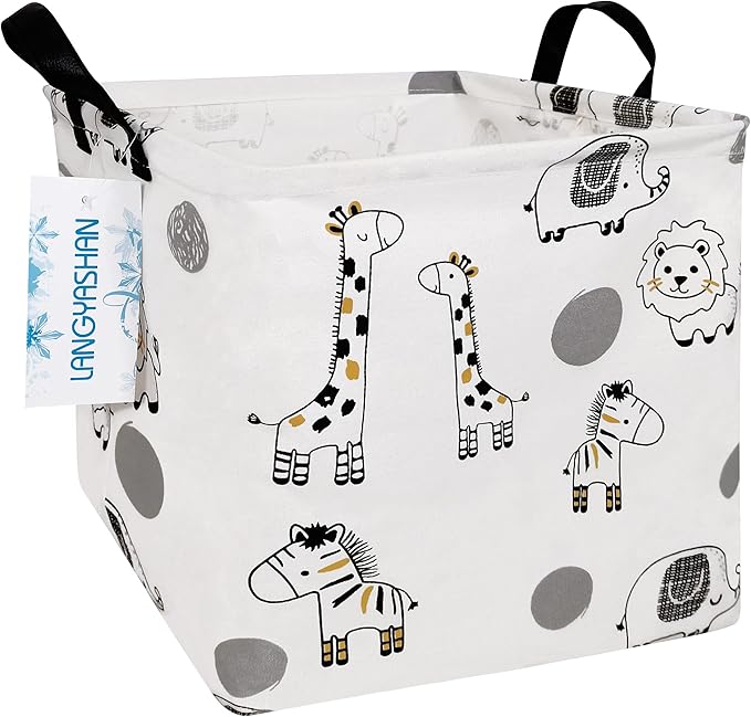 LANGYASHAN Square Storage Baskets Waterproof Canvas Children Laundry Nursery Hamper for Shelves Gift Baskets Toy Organizer Room Decor (Square full animal)