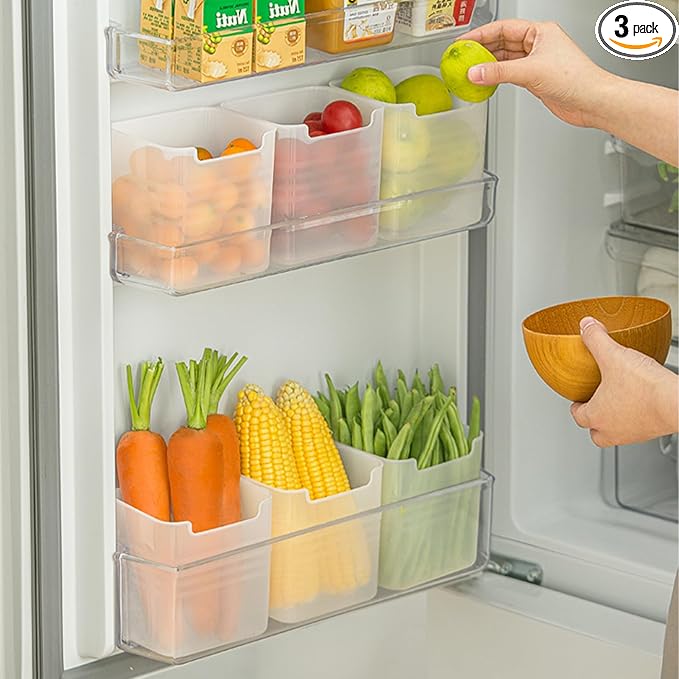 3 Pack Refrigerator Organizer Box, Plastic Refrigerator Side Door Storage Containers, Space-Saving Organizer Bins for Fridge, Refrige Drawers for Fruit and Vegetable (Clear,S*3)