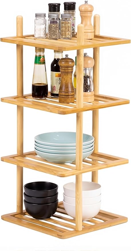 Expandable Bamboo Corner Shelf - Dish/Plate Organizer for Cabinet, Kitchen Counter Shelf & Small Kitchen Shelf, Adjustable (1, 4Tier-Large-6.7" H)